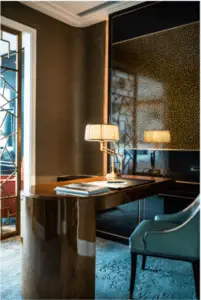 curved office desk and chair