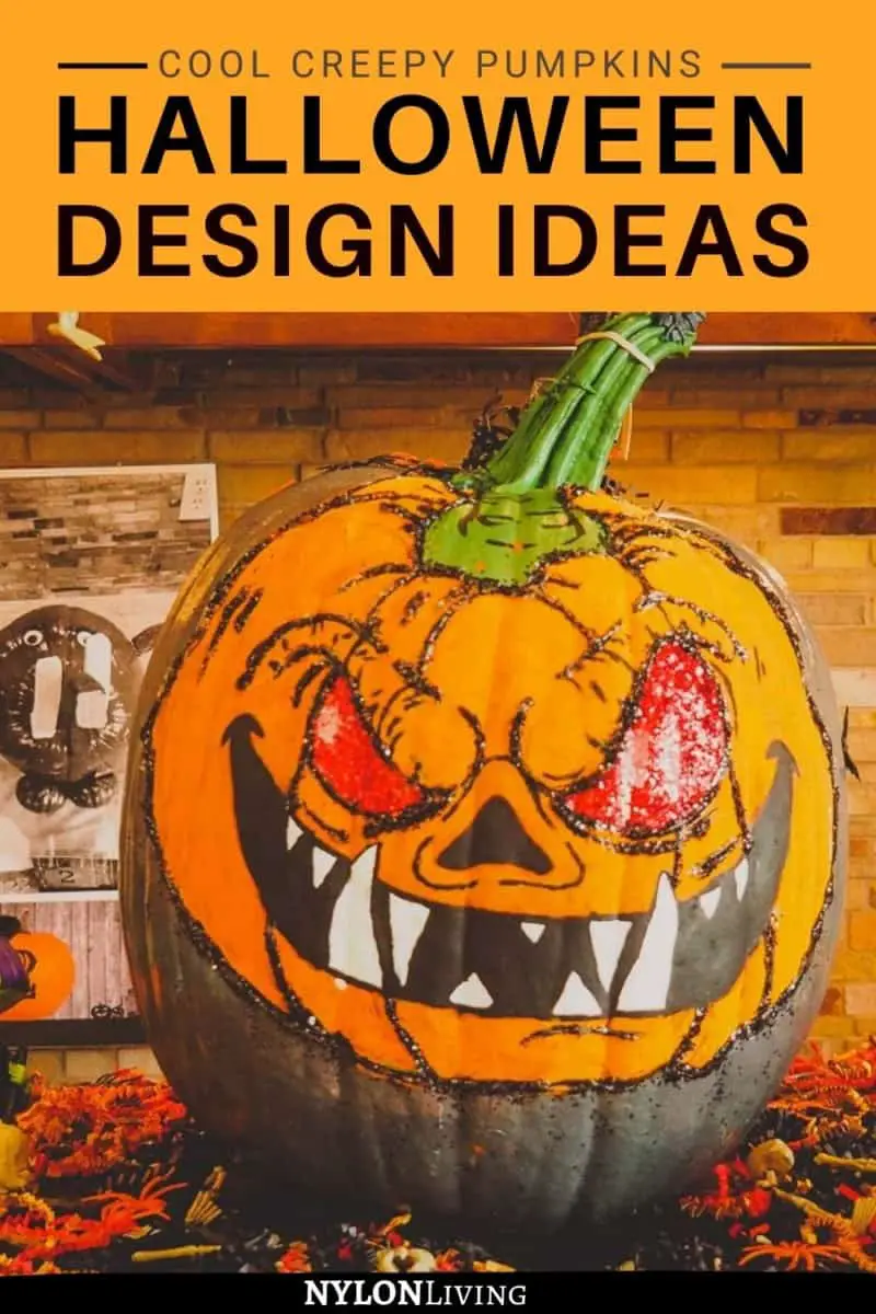 Pinterest image: image of a Jack O’lantern decorated as a vampire with caption reading ‘’Cool Creepy Pumpkins Halloween Design Ideas"