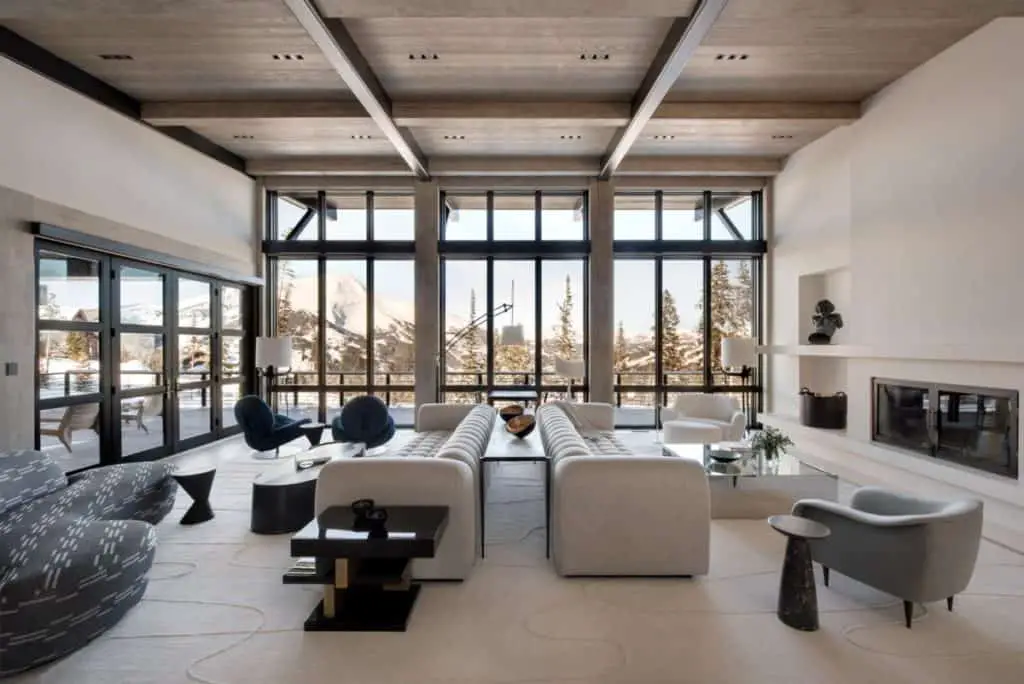 floor to ceiling windows in the living room of a Yellowstone club residence