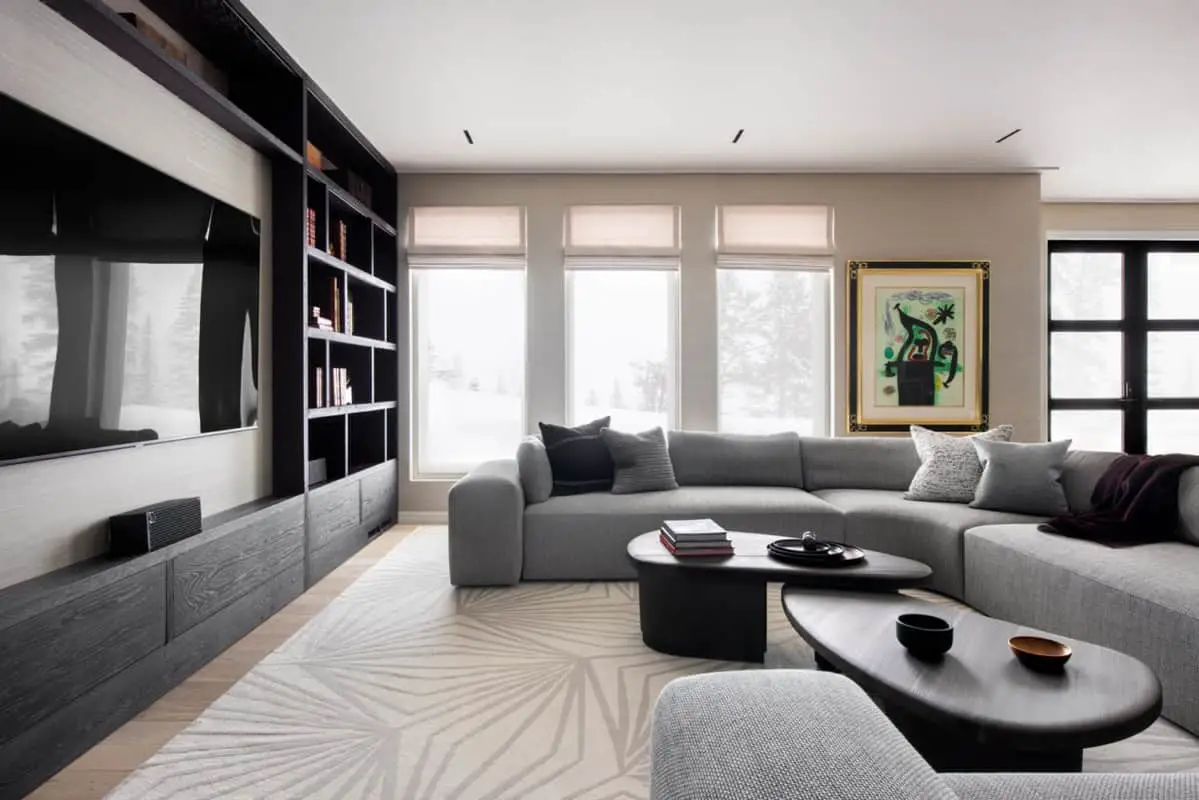 A recreation room with TV and sofa at a modern ski house