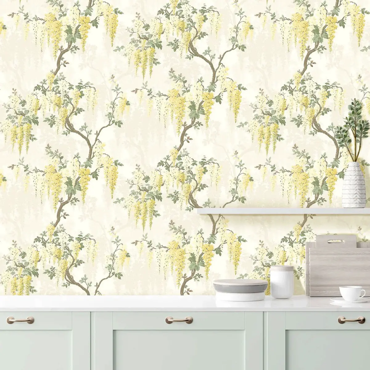 Wisteria in Lemon Yellow wallpaper in a kitchen