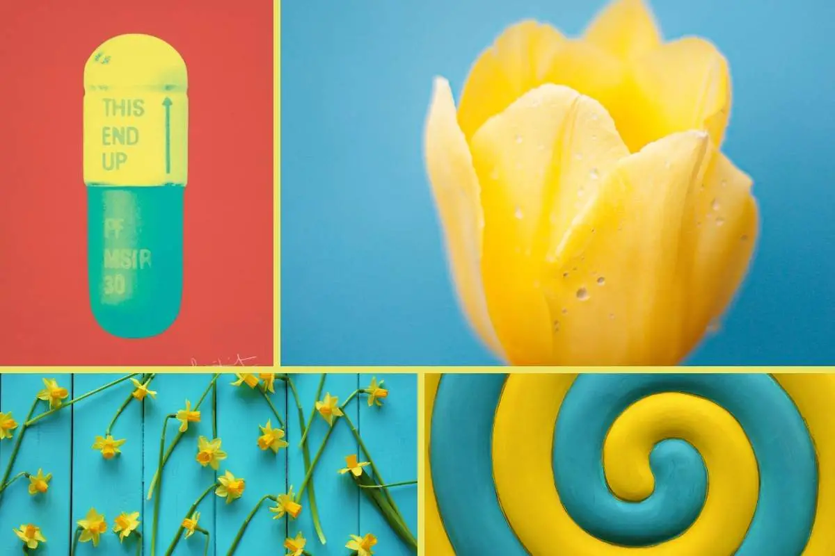 set of photos showing lemon yellow and teal pill, lemon yellow and turquoise flowers and lemon yellow and aqua swirl.