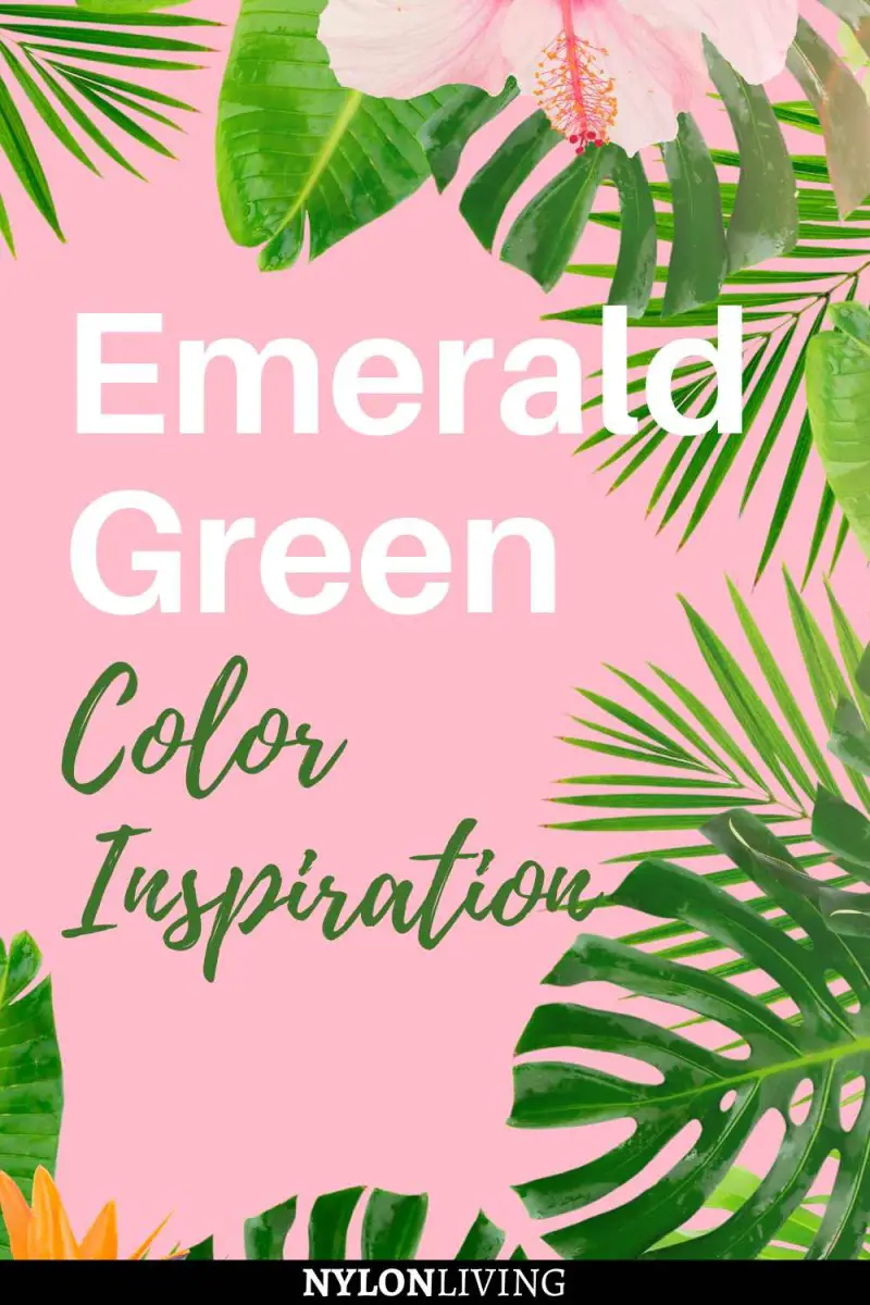 Pinterest pin with a bright pink background with tropical leaves reading: emerald green color inspiration