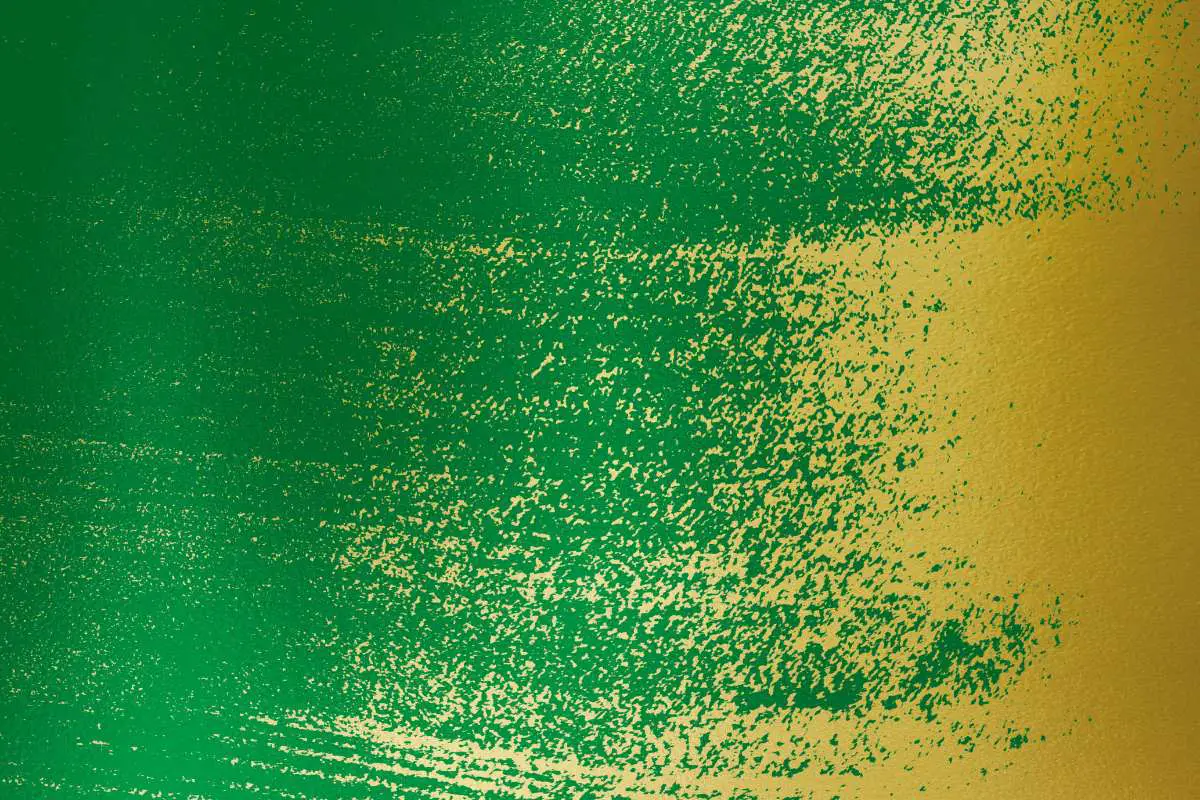 an abstract painting of brushstrokes in emerald green and gold