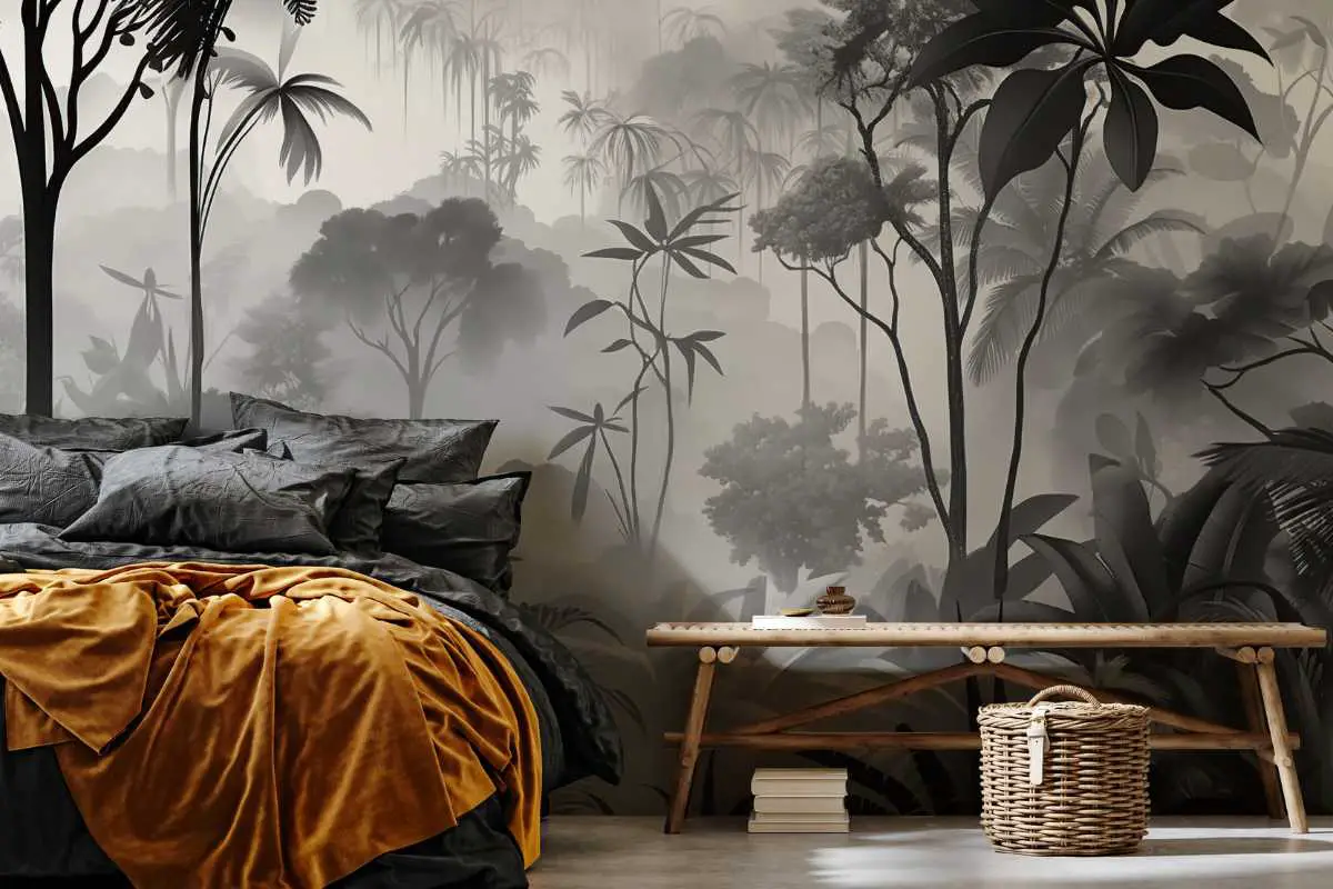 Foggy woods wallpaper for a moody bedroom setu