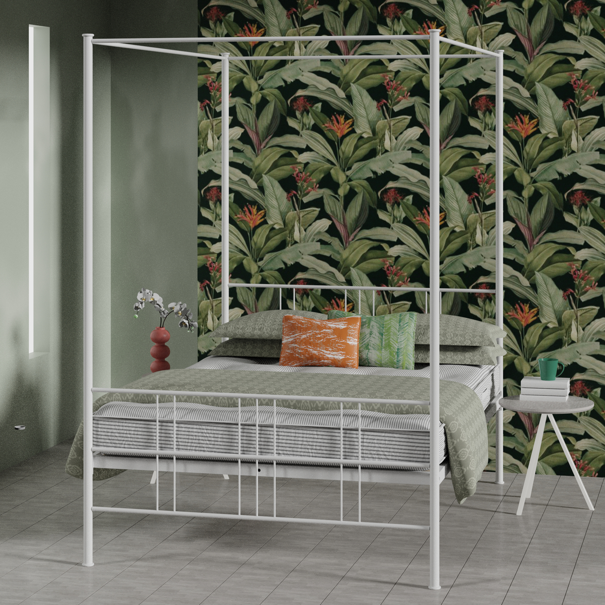 white four poster bed in with a jungle mural background
