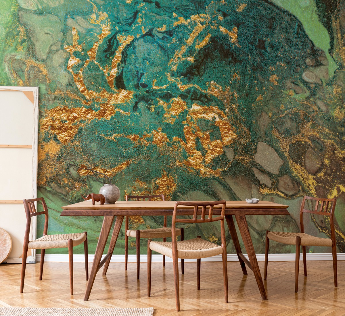 Emerald marble mural of the wall mural and a wood dining table and chairs
