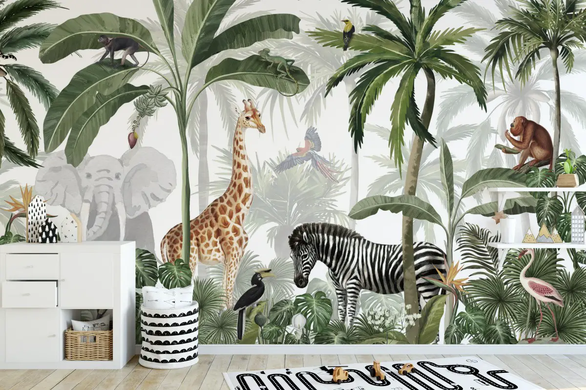 jungle wall mural in a children's room featuring a giraffe and a zebra amidst trees
